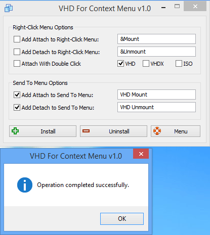 VHD For Context Menu success message VHD For Context Menu success message